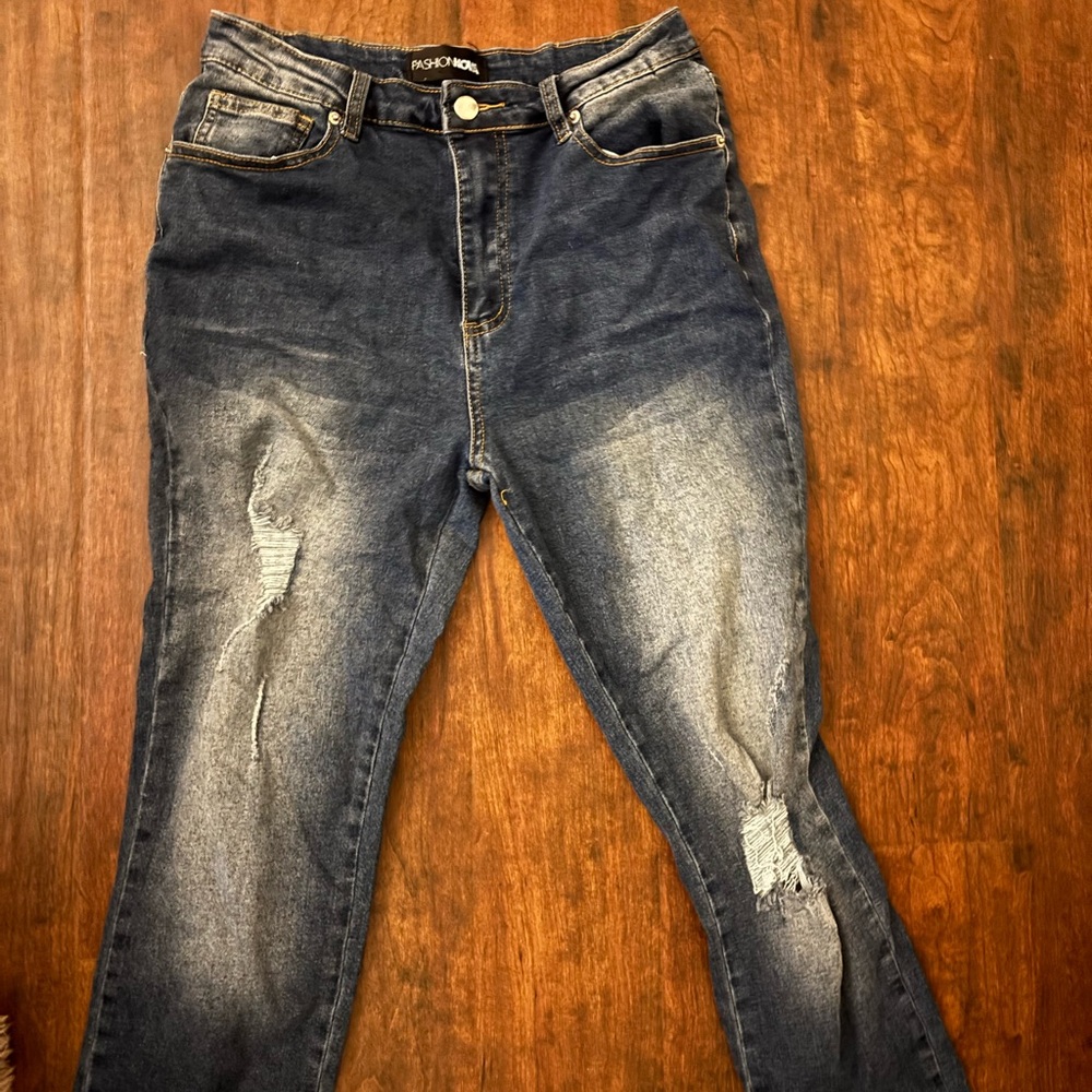 Fashion Nova Dark Blue Distressed Skinny Jeans